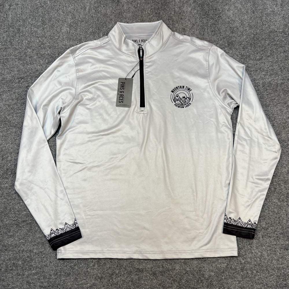 Pins & Aces Pullover Mens Small Silver 1/4 Zip Long Sleeve Golf Shirt Top Beer